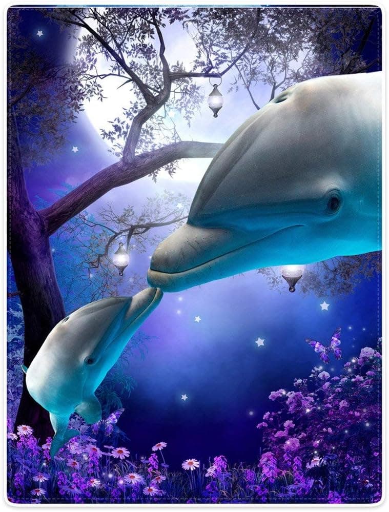 SXCHEN - Soft Fleece Blanket, 100% Microfiber, Polyester, Late Night Forest Blue Whale 2 Dolphins, 60x80 inch, Machine Wash