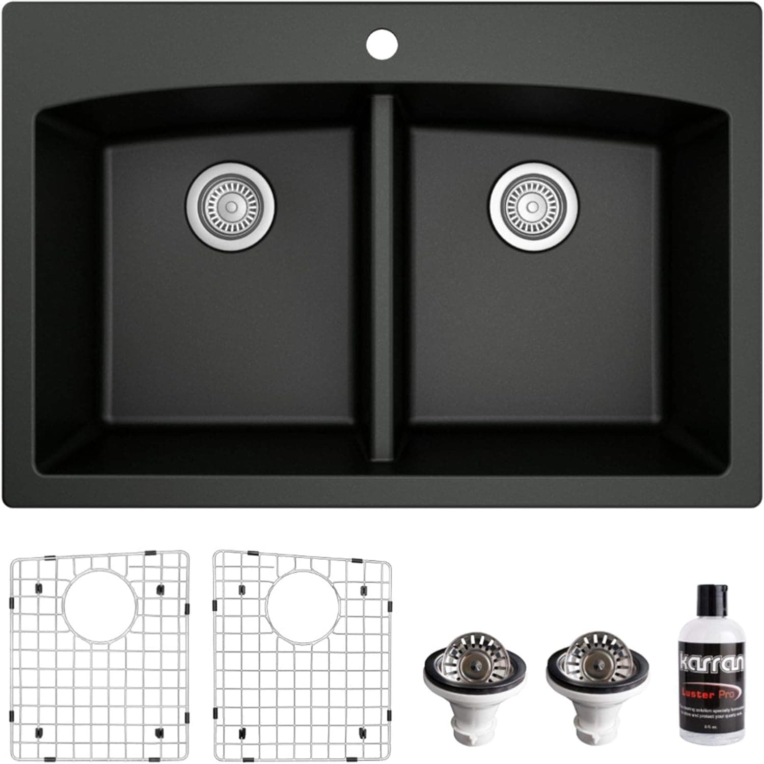Karran QT-710 Drop-in Quartz Composite 33 in. 1-Hole 50/50 Double Bowl Kitchen Sink Kit in Black