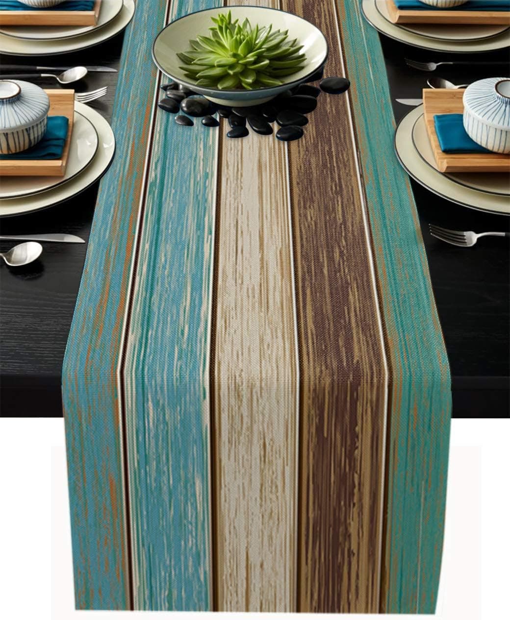 Table Runners 14X48 Inches Long, Teal Turquoise Green Brown ,Cotton Linen Farmhouse Retro Rustic Barn Wood Texture Tablecloths Non-Slip Party Table Decorations for Kitchen ,Home ,Dining ,Outdoor,