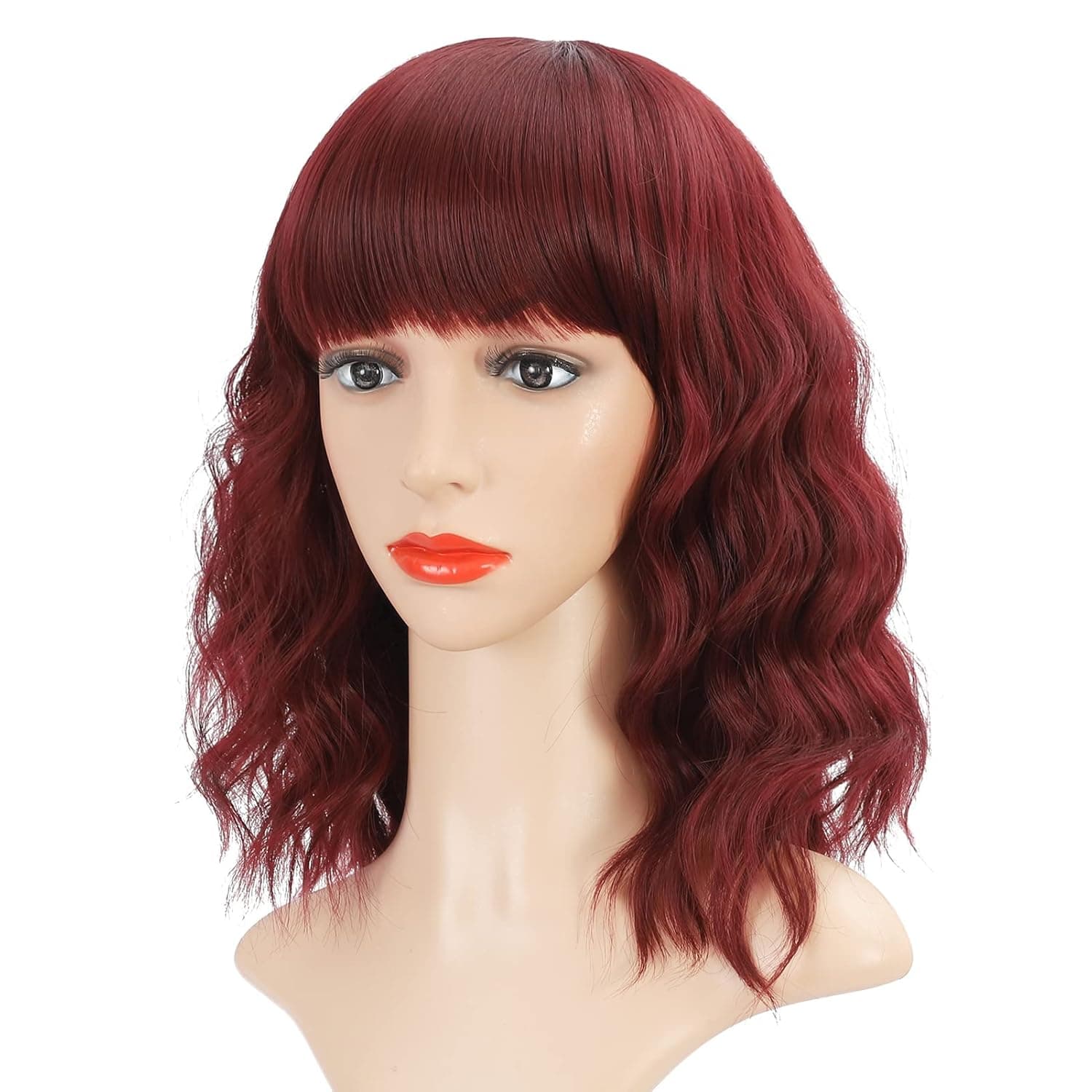 BKTD Wavy Red Wig With Bangs For Women, Short Pastel Curly Bob Colorful Wine Red Wigs, Shoulder Length Synthetic Loose Wave Colored Wig For Girls Party Costume Cosplay Daily Use (14" Wine Red)