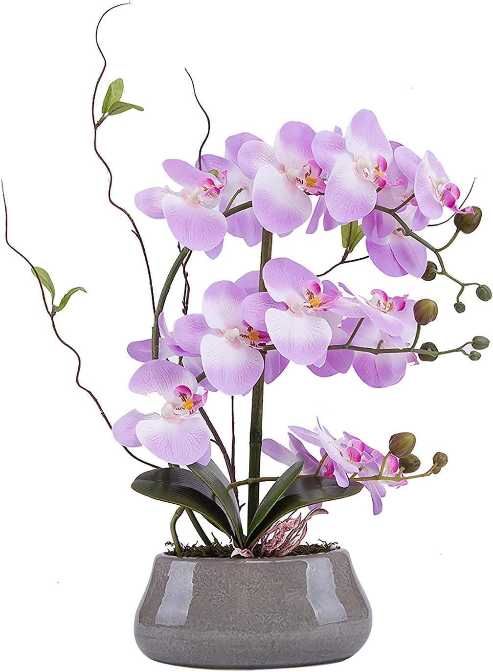 LIVILAN Romantic Lifelike Silk Orchid with Decorative Ceramic Vase,Large Vivid Artificial Flower Arrangement,Potted Orchid Plant,Lavender