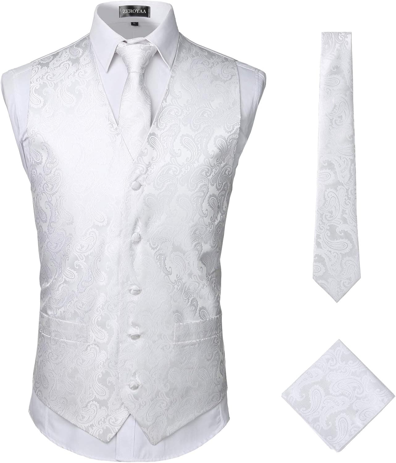 ZEROYAA Men's Classic 3pc Paisley Jacquard Vest Set Necktie Pocket Square Set For Suit or Tuxedo ZLSV14 White Small