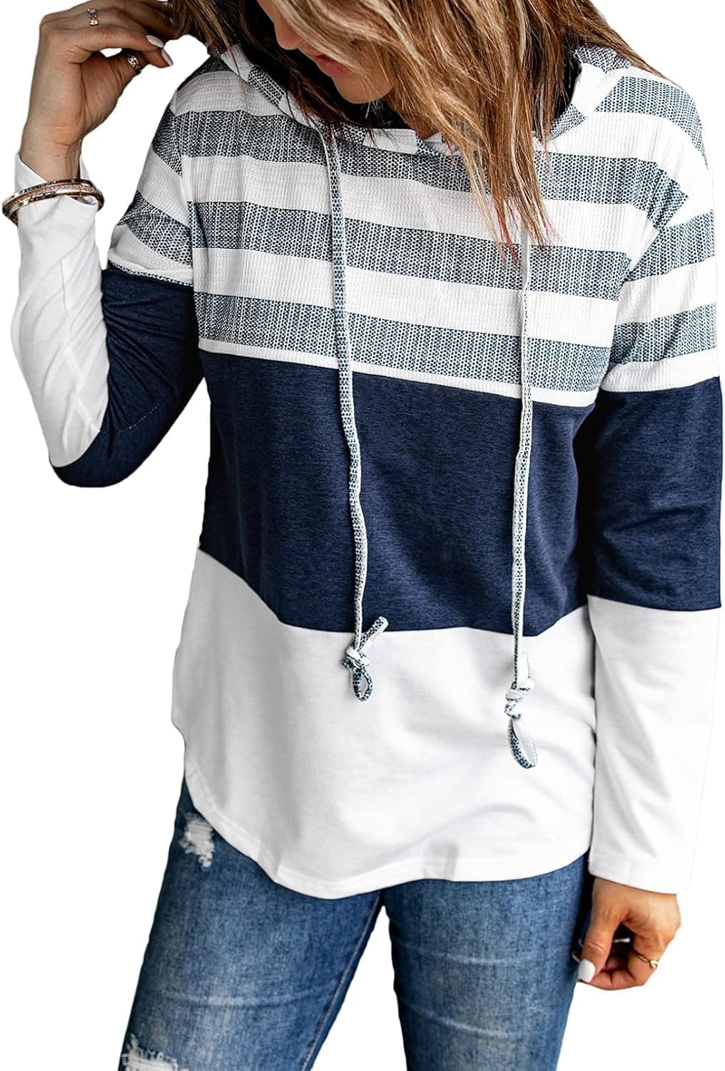 Aleumdr Womens Fall Long Sleeve Color Block Striped Tunic Hoodie Casual Loose Patchwork Drawstring Hooded Sweatshirts White X-Large 16 18