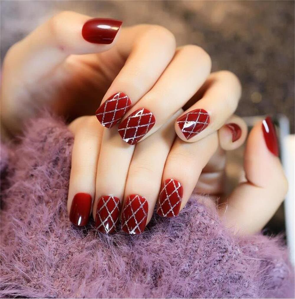 JINDIN 24 Sheet Short Fake Nails Full Cover Design for Women Party Wedding Christmas Acrylic French False Nail Tips Bride Nail Decals