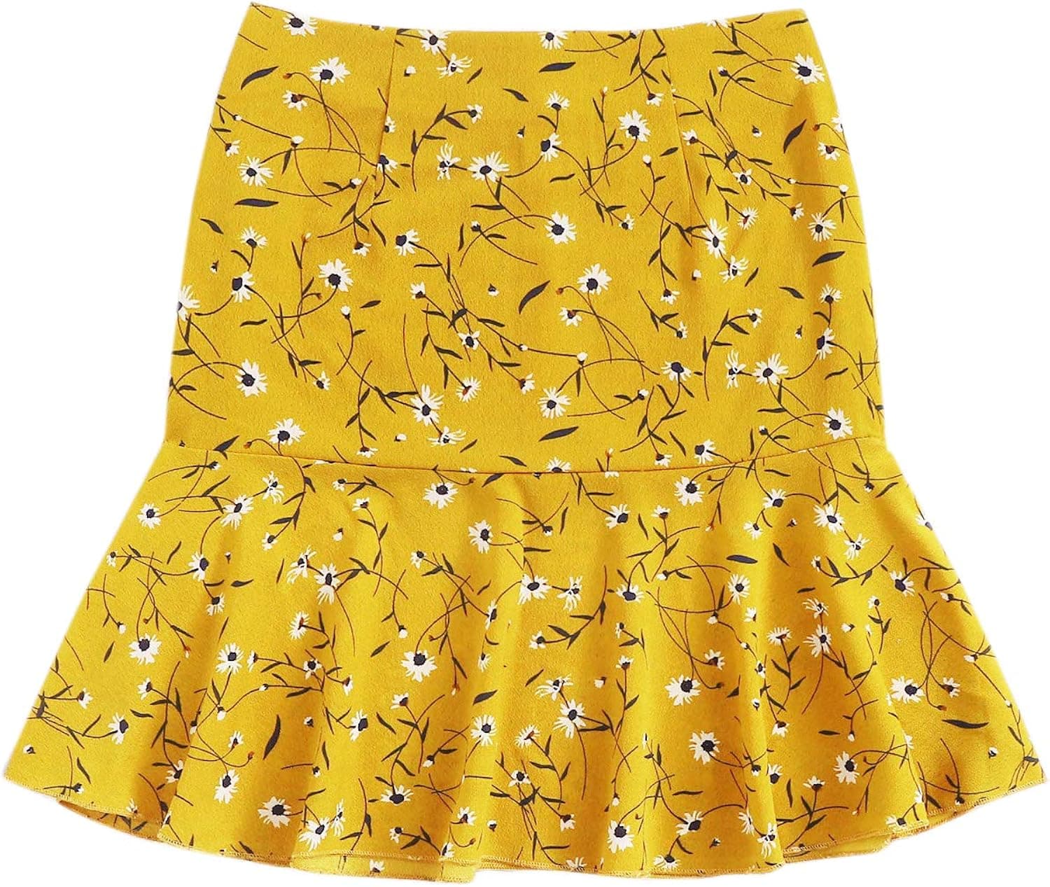 WDIRARA Women's Mid Waist Ditsy Floral Ruffle Hem Pencil Skirt Ginger M