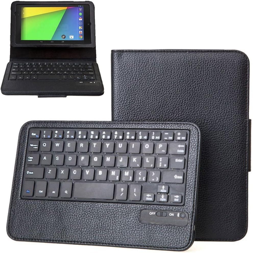 KHOMO Black PU Leather Bluetooth Keyboard Case Cover Stand for Google Nexus 7 FHD 2nd Generation tablet (with Automatic Sleep/Wake Function)