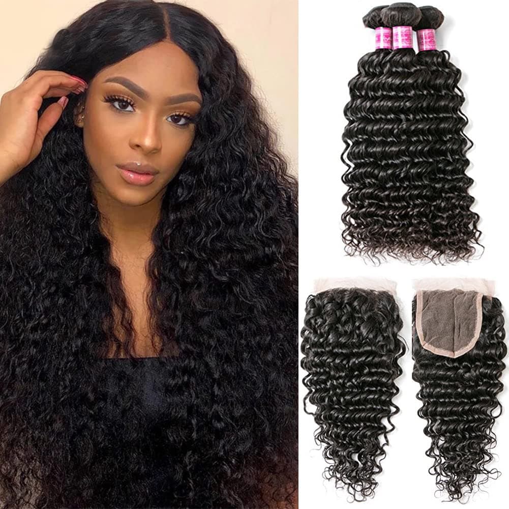 Perstar Deep Curly Bundles With Closure Human Hair Deep Wave Bundles With Closure Unprocessed Virgin Brazilian Hair Deep Wave 3 Bundles With 4x4 Lace Closure Natural Black Color(12 14 16+10 free part)