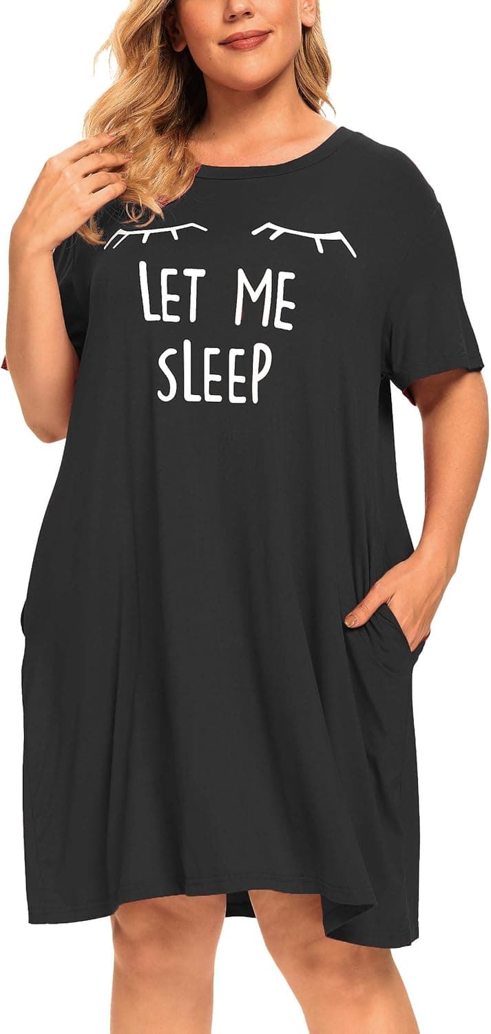 Plus Size Nightgowns Women Cute Graphic Sleepwear Night Gown Dresses Sleep Shirts Pockets 3X Black