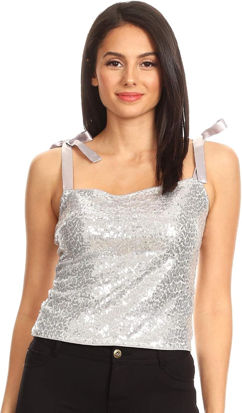 Anna-Kaci Womens Sequin Metallic Sparkly Camisole Cocktail Party Sleeveless Ribbon Strap Tank Top