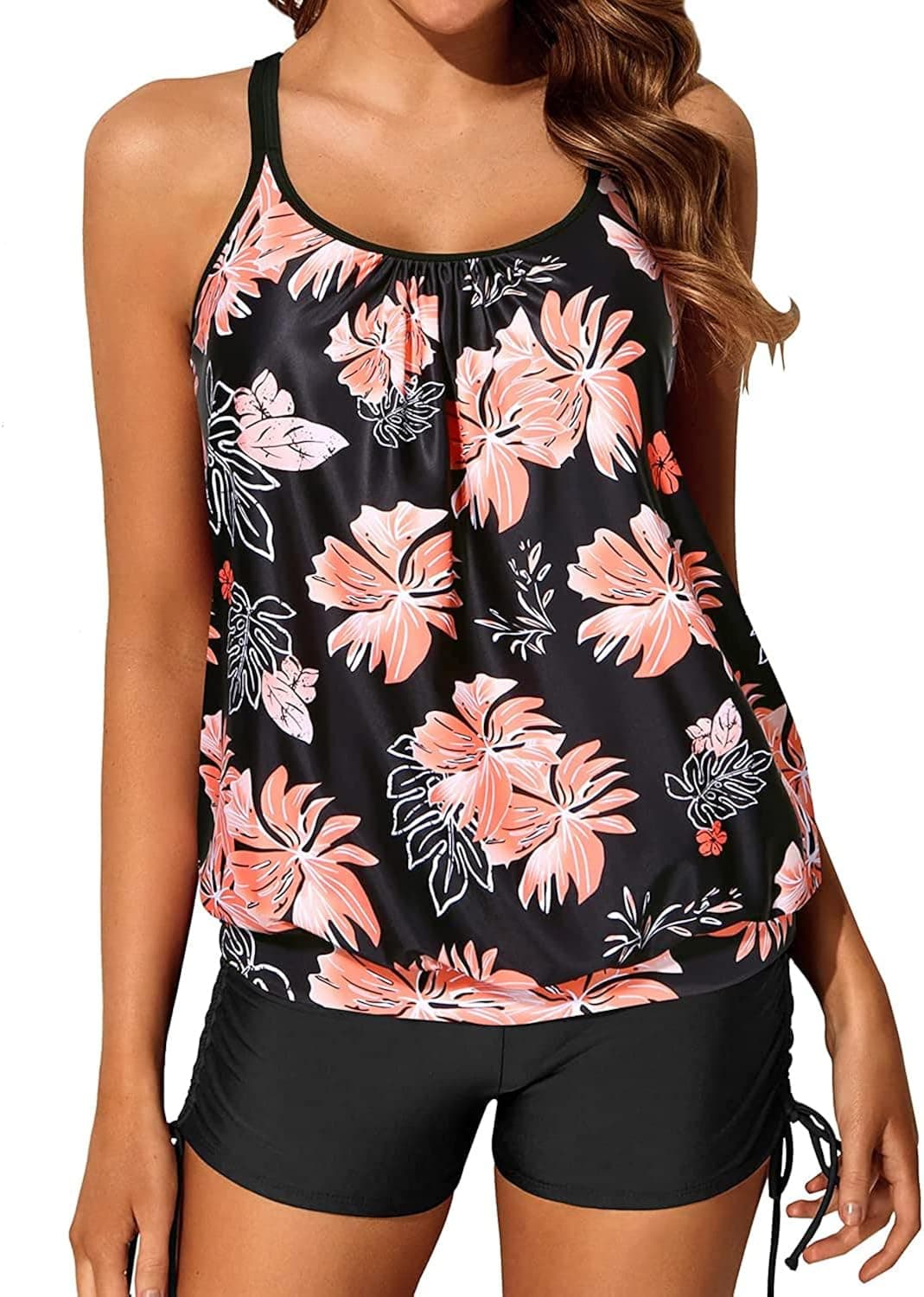 Yonique Womens Blouson Tankini Swimsuits Two Piece Strappy Bathing Suit Tops with Shorts Criss Cross Swimwear