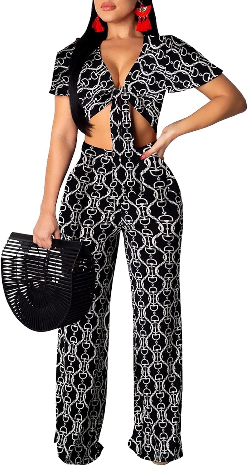 ZERMOM Women's Sexy Summer 2 Piece Outfits Tie Up Crop Top Short Sleeve Wide Leg Pants Sets
