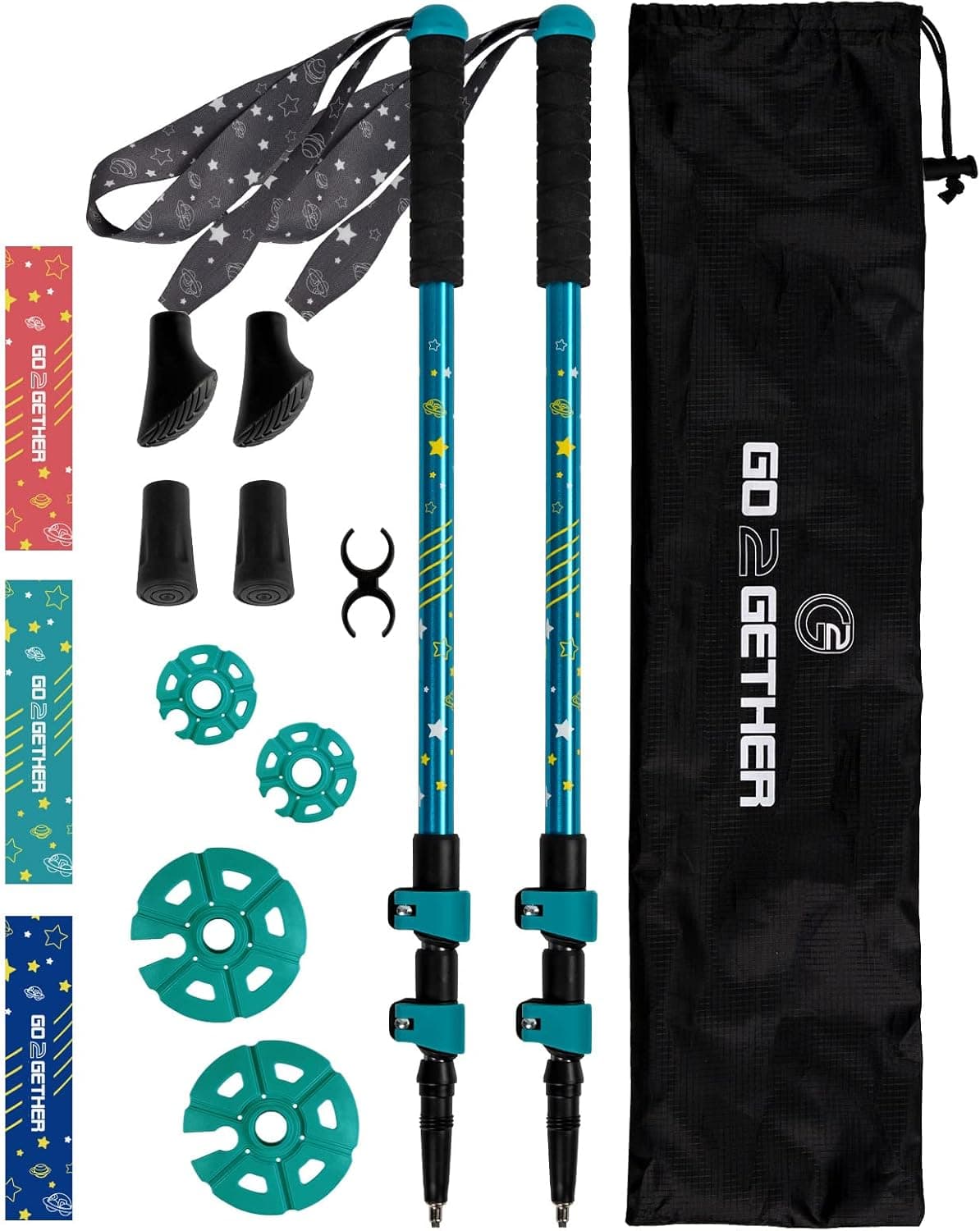 G2 Kid's Hiking Poles – Adjustable Telescopic Trekking Poles for Children / Aluminum Alloy/Adjustable Strap/Quick Flip Lock/ (Pack of 2 Poles/ Storage Bag), Green/Blue/Red