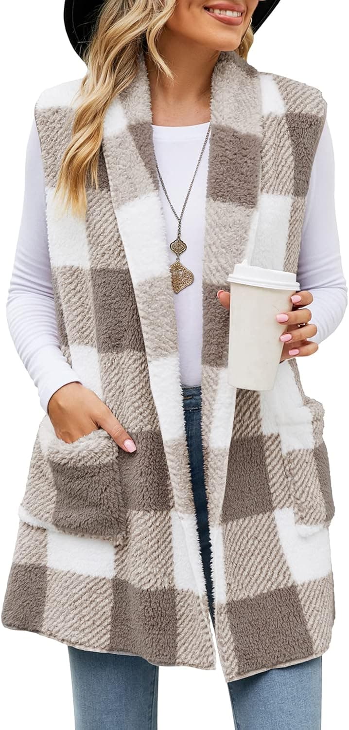 ReachMe Womens Sleeveless Sherpa Vest with Pockets Lapel Open Front Fleece Cardigan Sweater Fuzzy Jacket Coat
