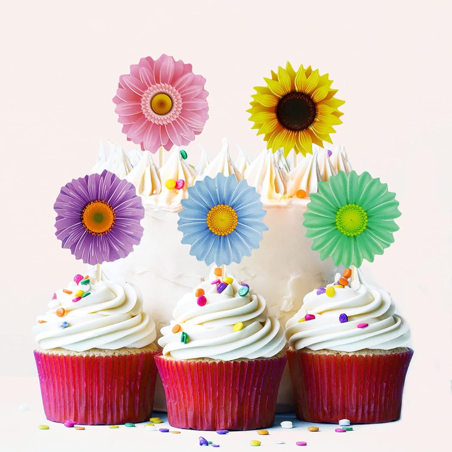 25 PCS Corlorful Flower Cupcake Toppers for Birthday Party Anniversary Party Decorations