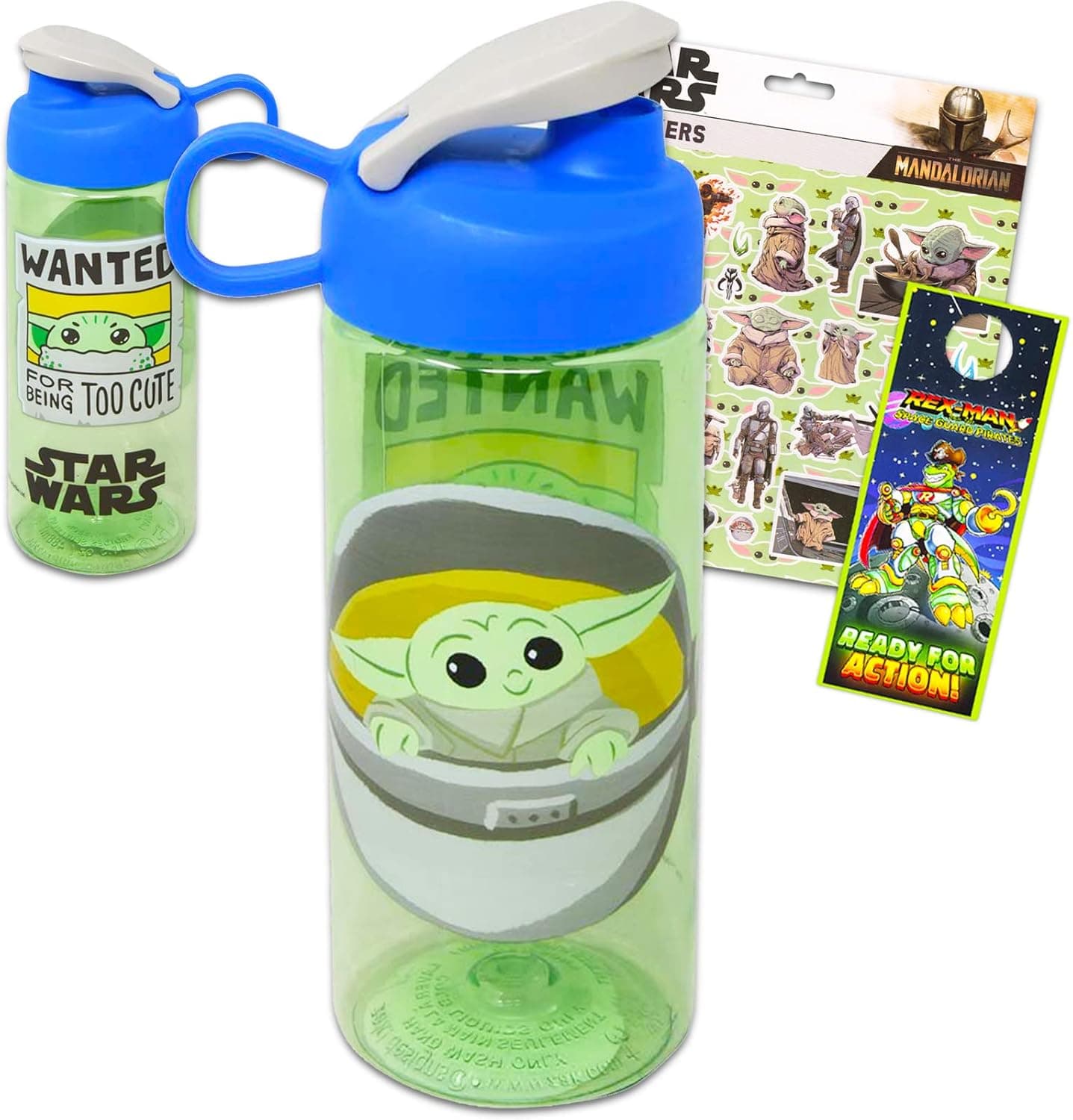 Baby Yoda Store Mandalorian Baby Yoda Water Bottle for Girls Boys - 3 Pc Star Wars School Supplies Bundle with Drinking Plus Stickers and More (Mandalorian Bottle)