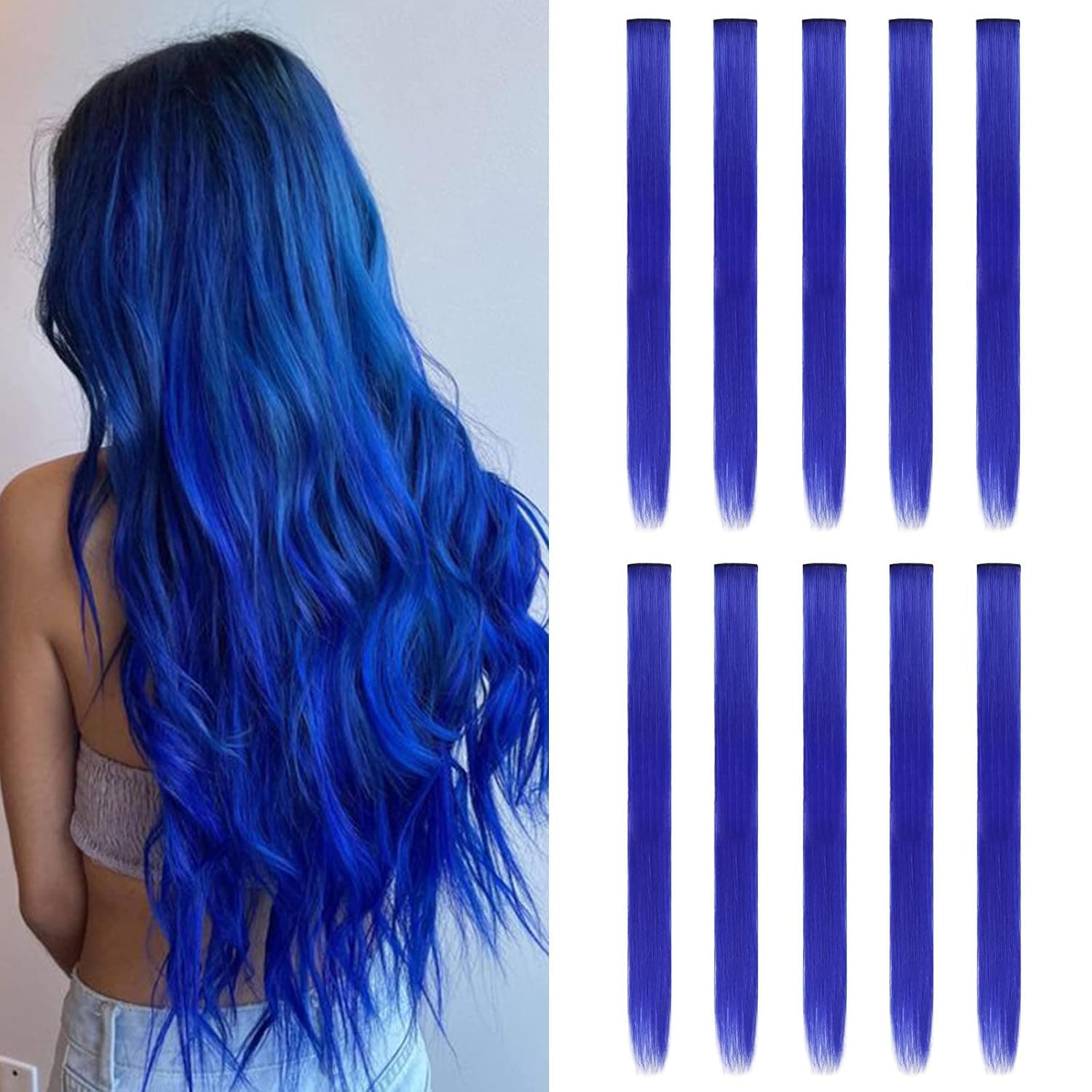 10 Pack Colored Party Highlights Clip in Hair Extensions for Girls 20 inches Blue Hair Extensions Straight Hair Synthetic Hairpieces In The Party (Blue)