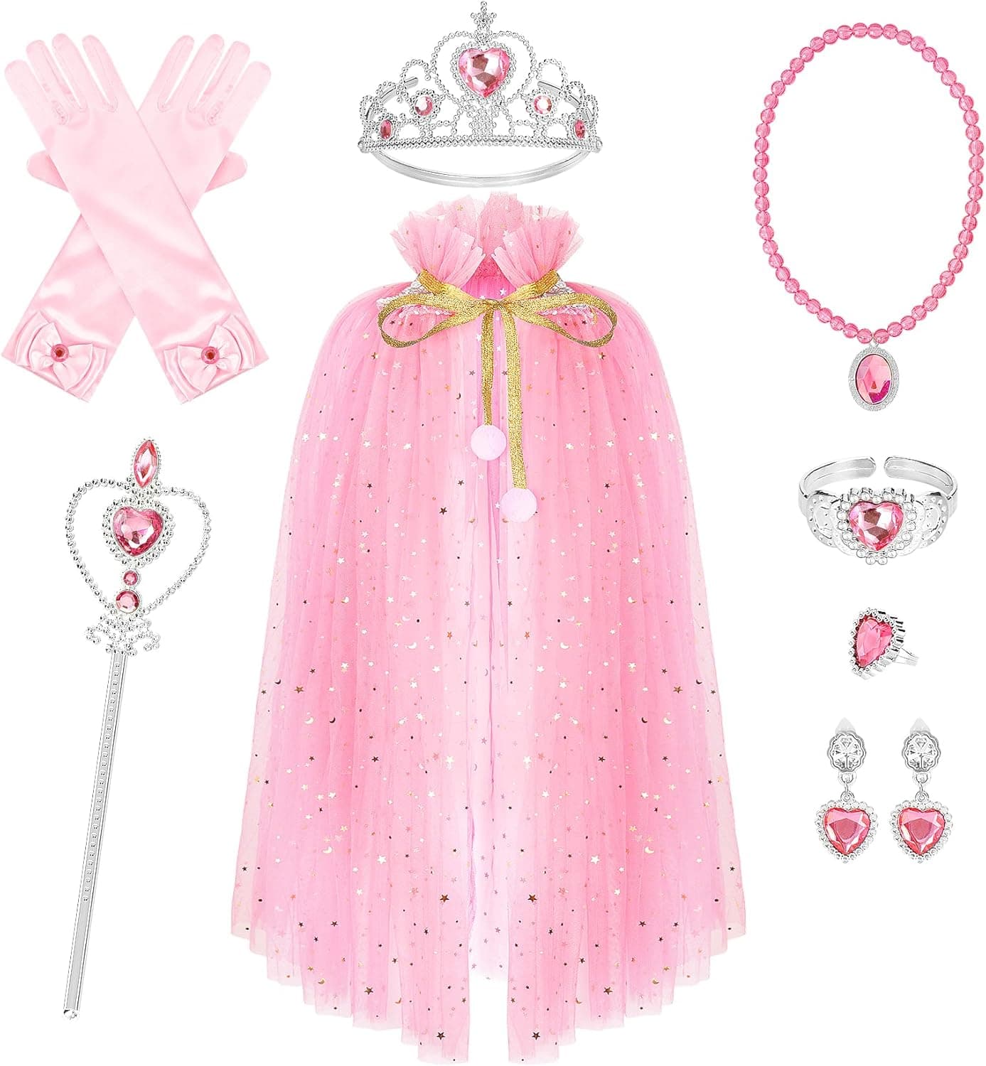 Hapgo 10 Pieces Princess Cape Set Dress up Clothes for Little Girls Party Cosplay Cloak with Jewelry Tiara Crown Wand Gloves