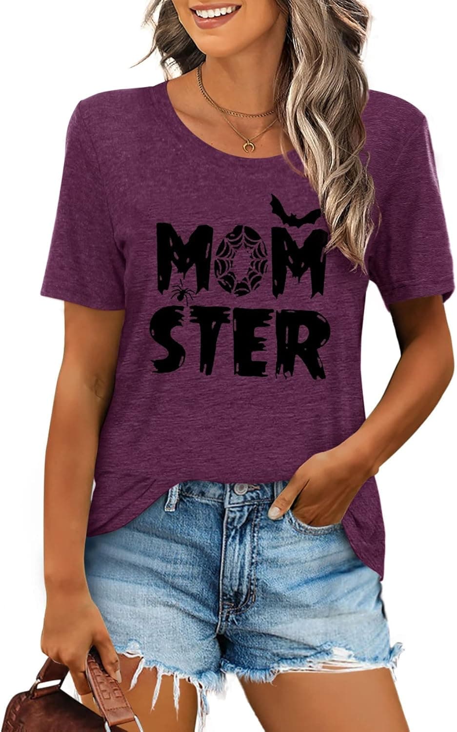 Halloween Momster T-Shirt Women Funny Mom Gifts Bat Printed Graphic Short Sleeve Tee Tops