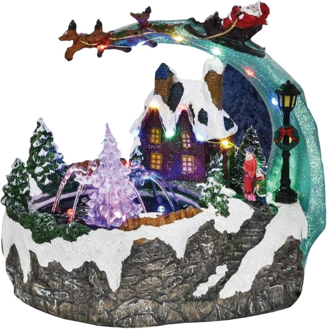 Top Treasures Fountain Snow Village Flying Santa with Reindeers Lighted Christmas Village is a Great Perfect Addition to Your Christmas Decorations & Holiday Displays