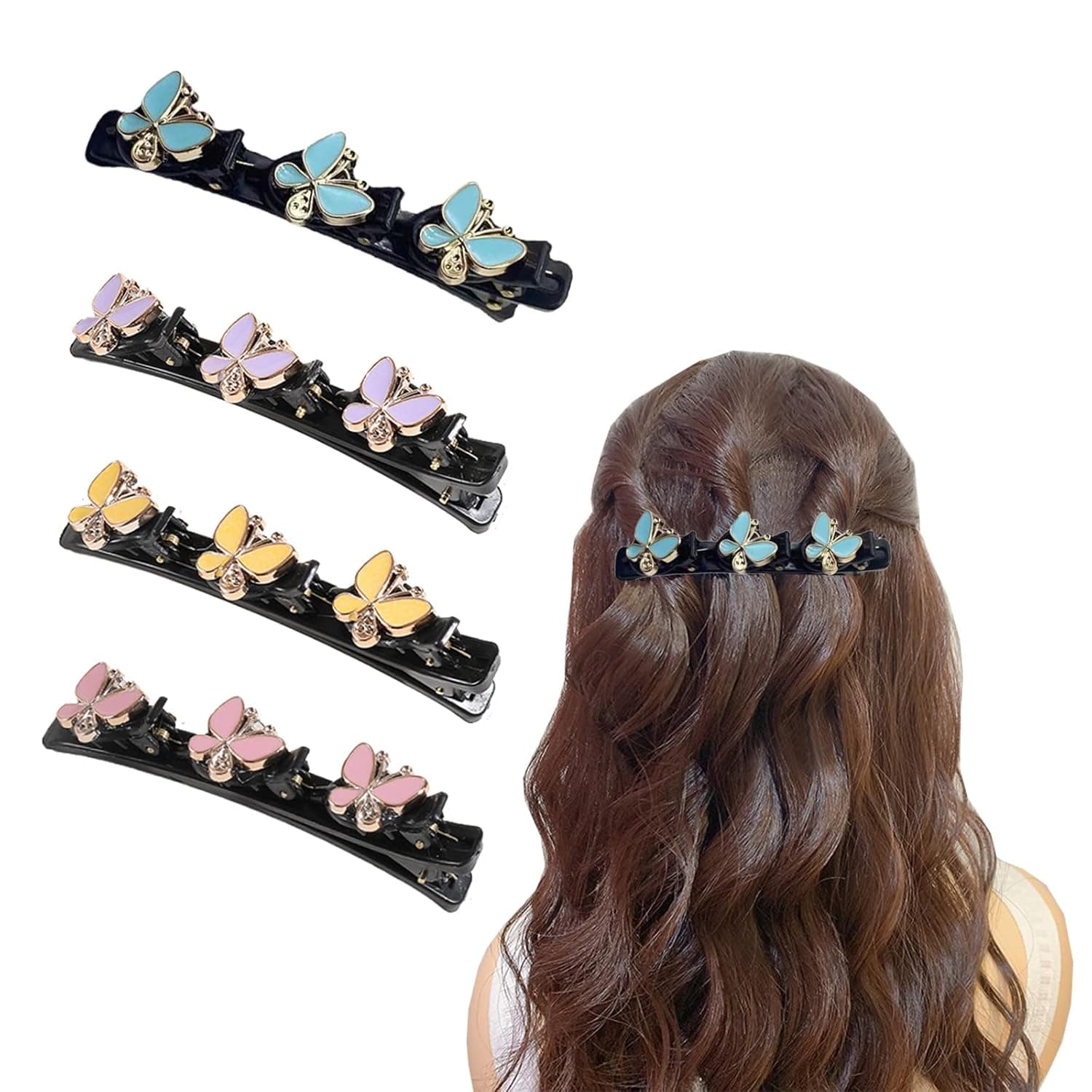 Sparkling Crystal Stone Braided Hair Clips for Women,Rsvelte Braided Hair Clip with 3 Small Clips, Multi Clip Hair Barrette, Triple Hair Clips with Rhinestones for Sectioning (Butterfly-4 PCS)