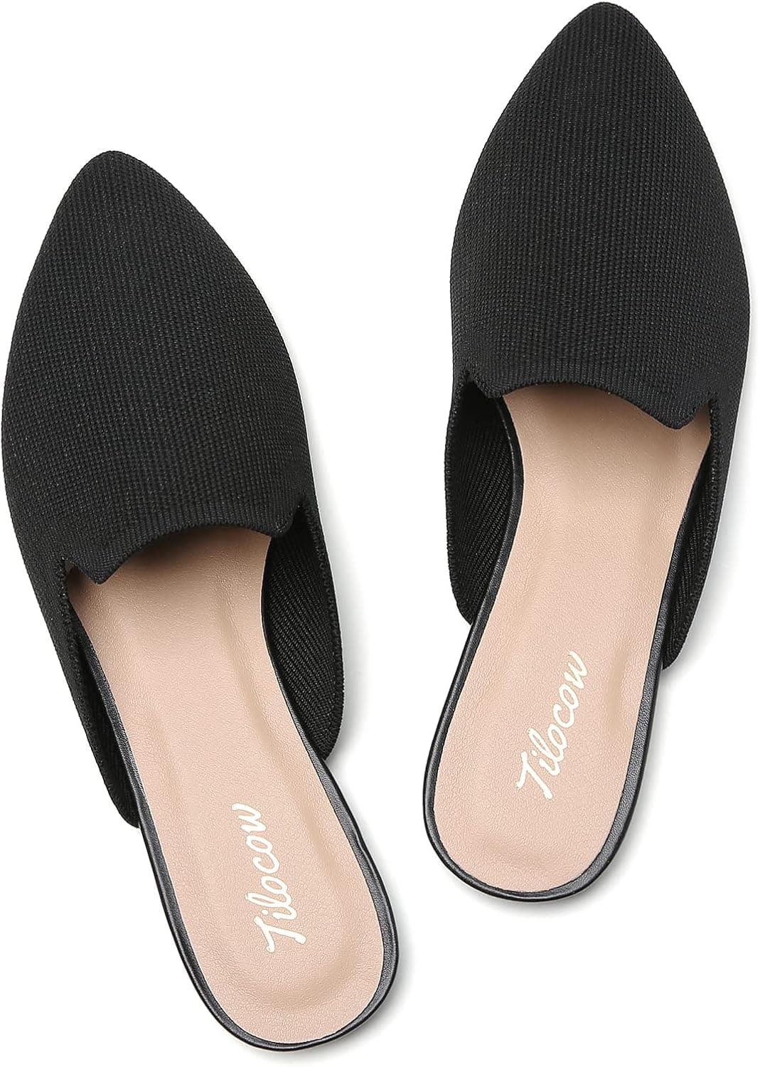 Tilocow Knit Mules for Women Flats Pointed Toe Mesh Ballet Flat Womens Slip On Slides Walking Shoes