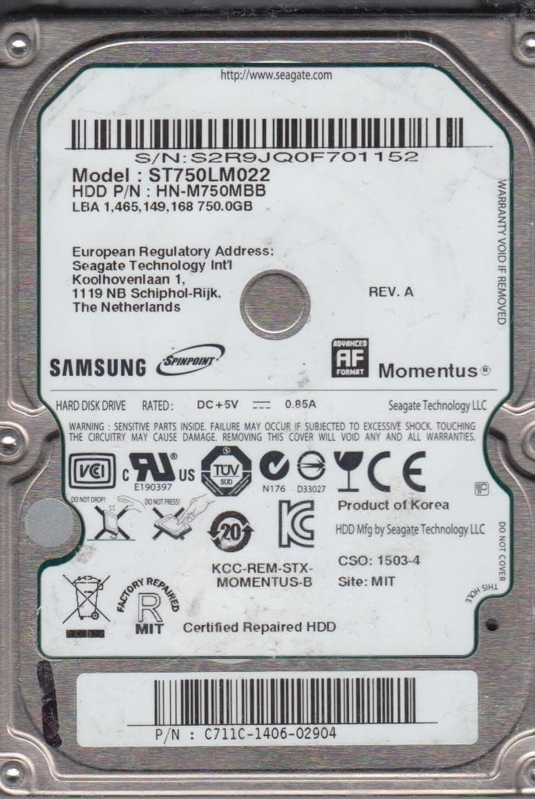 ST750LM022, HN-M750MBB, REV A, Samsung 750GB SATA 2.5 Hard Drive