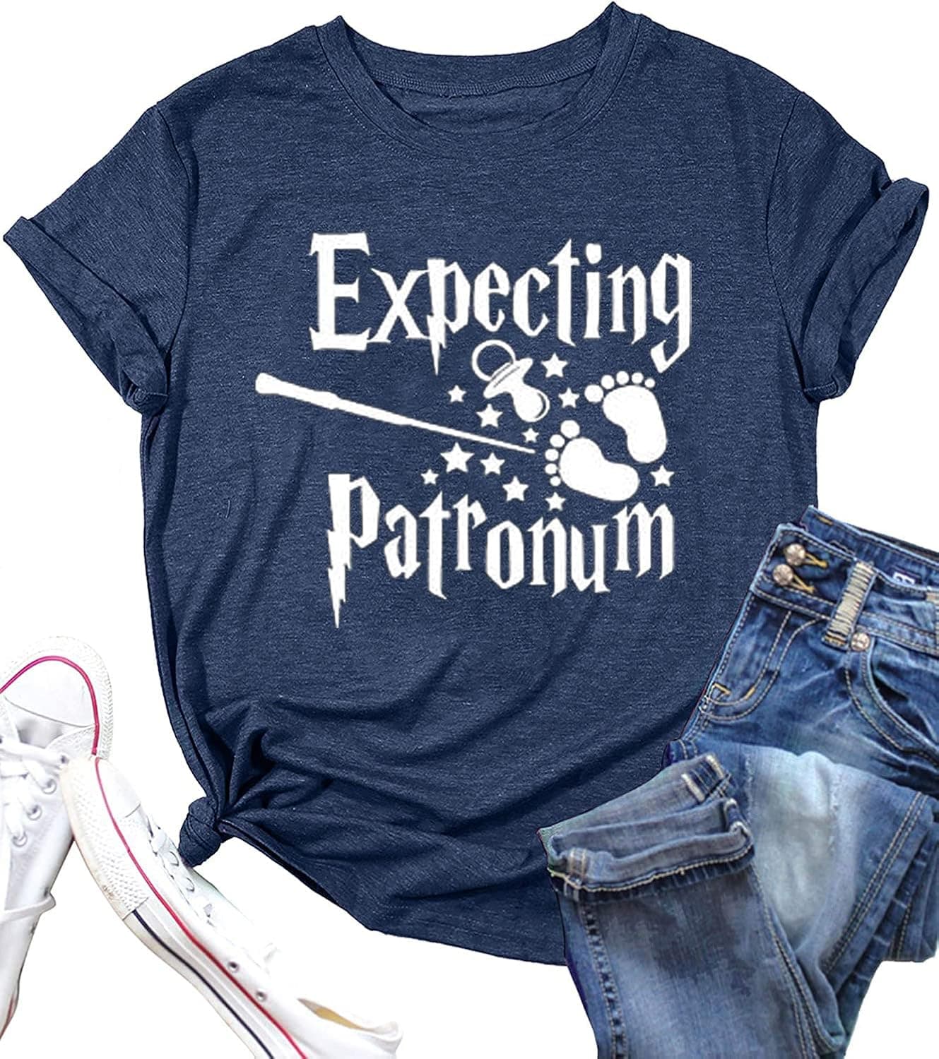 Expecting Patronum Maternity T-Shirt Women Pregnancy Announcement Shirt Funny Letter Print Pregnant Mom Tee Tops