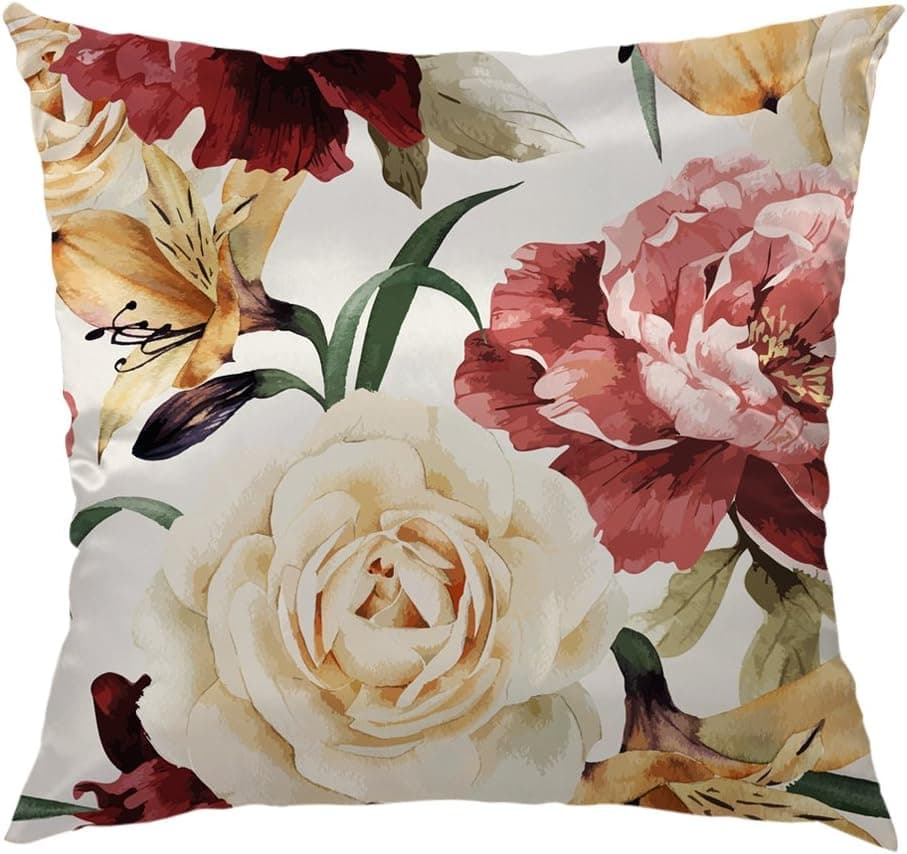 HGOD DESIGNS Rose Throw Pillow Case,Watercolor Floral Pattern with Roses Satin Cushion Cover Square Standard Home/Sofa Decorative for Men/Women 18x18 inch Red,Brown,Green