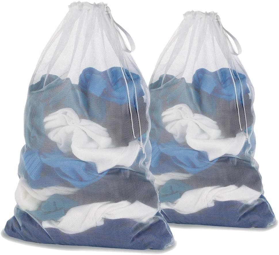 Mesh Laundry Bag With Drawstring For Delicates, Washing Machine,Traveling,College,Dirty Clothes/Net Big Size Heavy Duty Reusable Door Foldable/Garment White 2 Pack