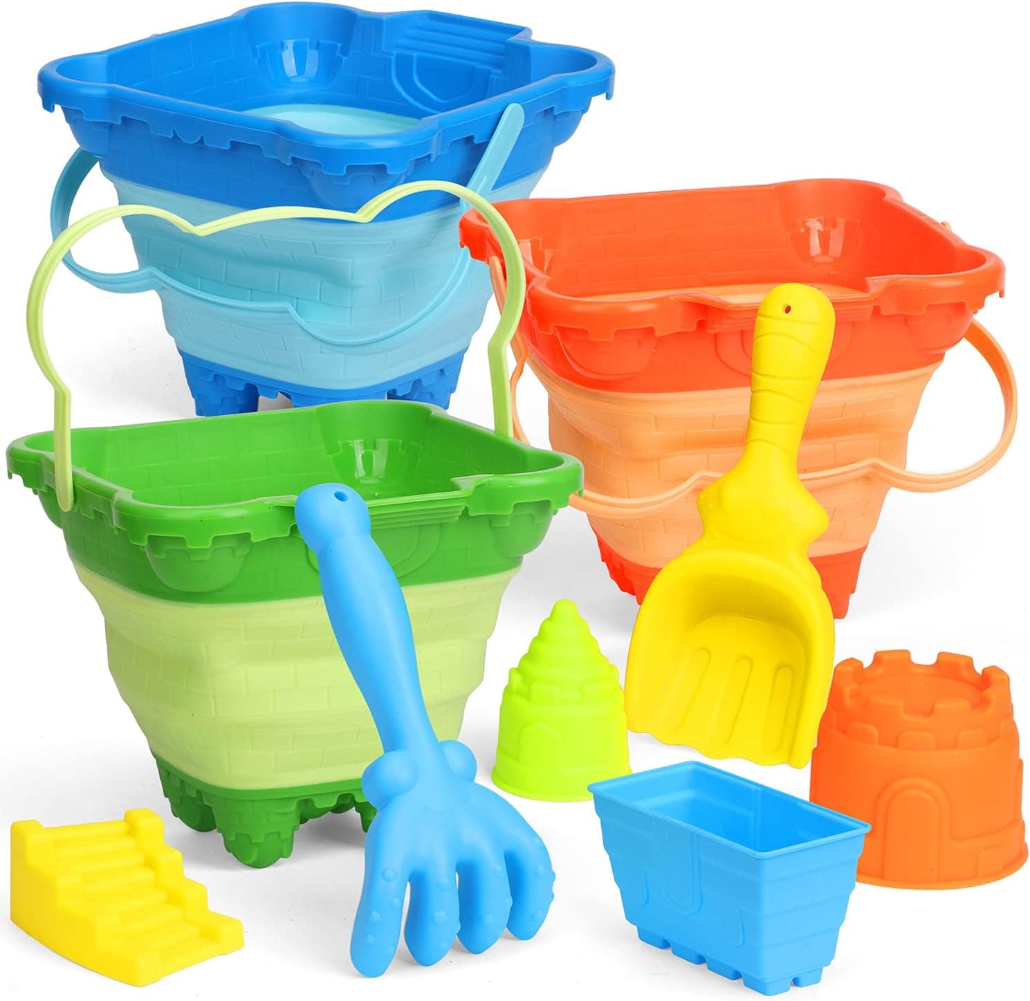 Beach Sand Toy Set for Kids, Collapsible Sandbox Bucket, Travel Foldable Pail Bucket with Castle Molds, Multi Use for Garden Beach, Camping Gear, Beach Party, Fishing, Car Washing