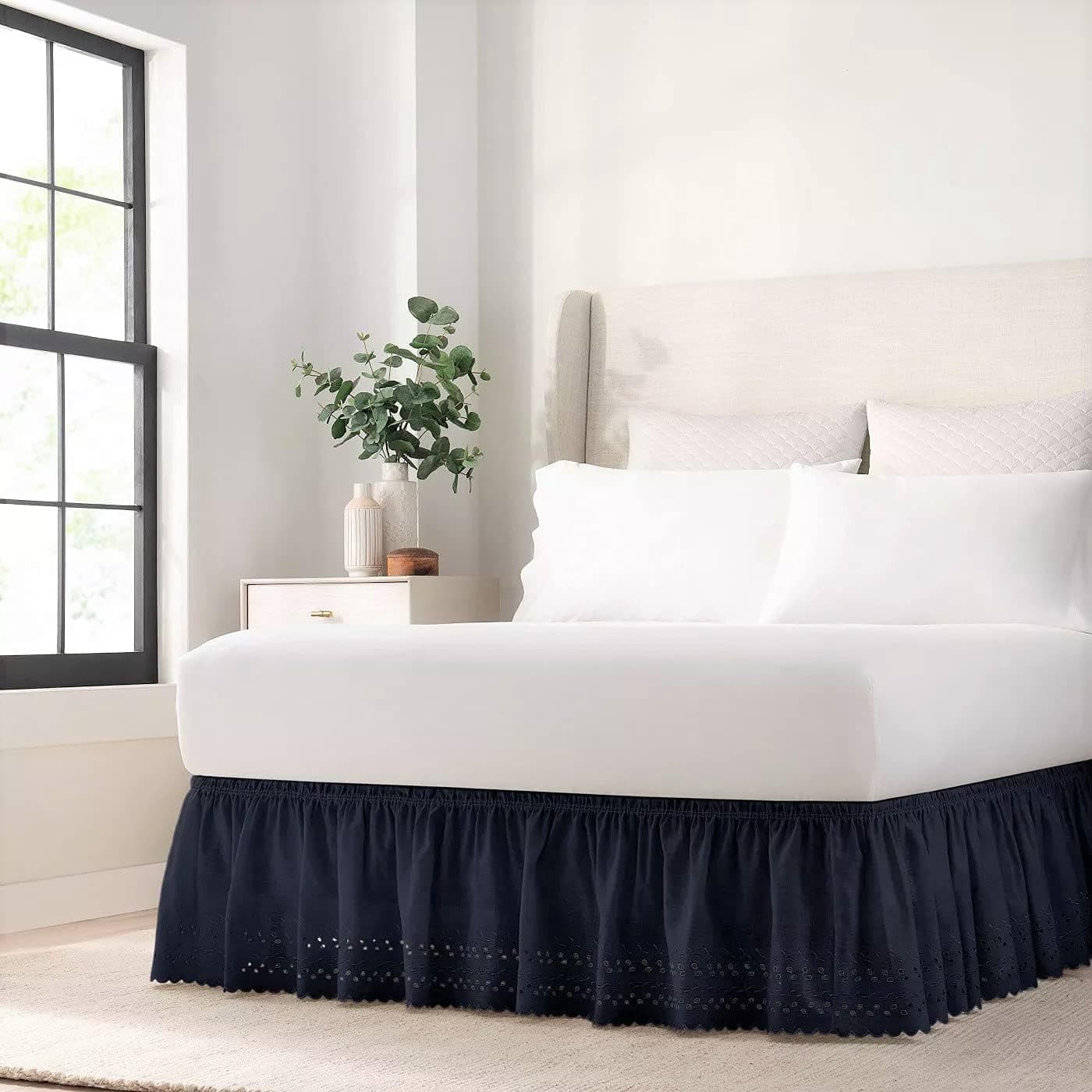 EASY FIT Eyelet Elastic Wrap Around Bed Skirt, Easy On/Off Dust Ruffle (18-Inch Drop), Queen/King, Navy