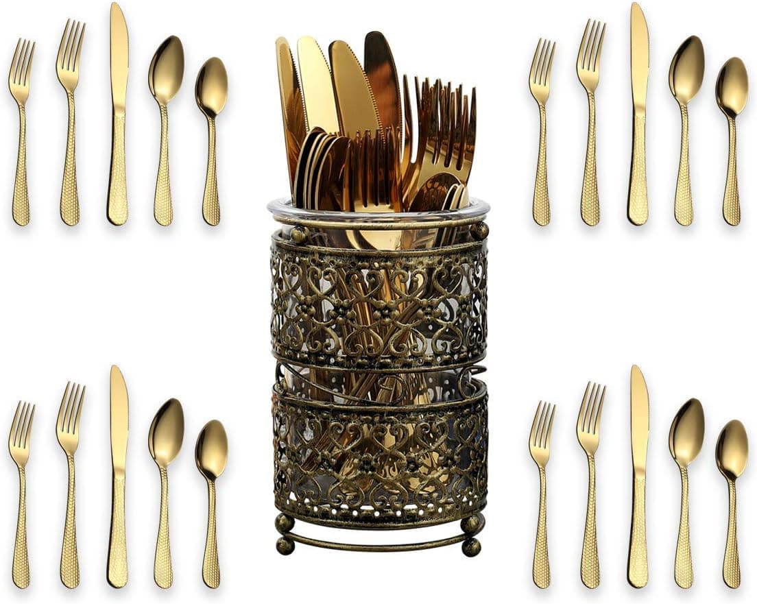 Kyraton Golden Titianium Plated Stainless Steel Flatware Set 20 Pieces,Hammer Design Golden Silverware Set, Packing With A Classic Golden Metal Holder, 20 Pieces Service For 4 (Shiny Golden)