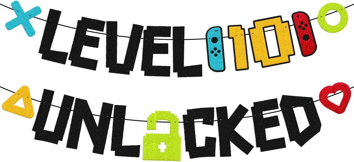 Level 10th Unlocked Sign Banner Happy 10th Birthday Level Up Tenth Bday Party Decorations for Video Game Controller Themed Kids Boy Girl Birthday Event Celebration Supplies Double Sided