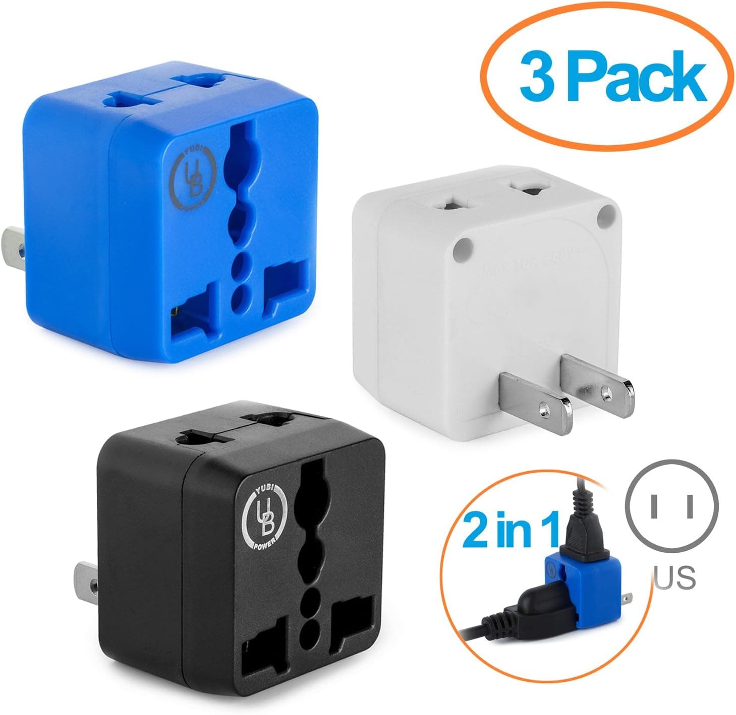 Yubi Power 2 in 1 Universal Travel Adapter with 2 Universal Outlets - 3 Pack - Black White Blue - Type A for U.S.A., Japan, China, Canada, Mexico, Jamaica, and more