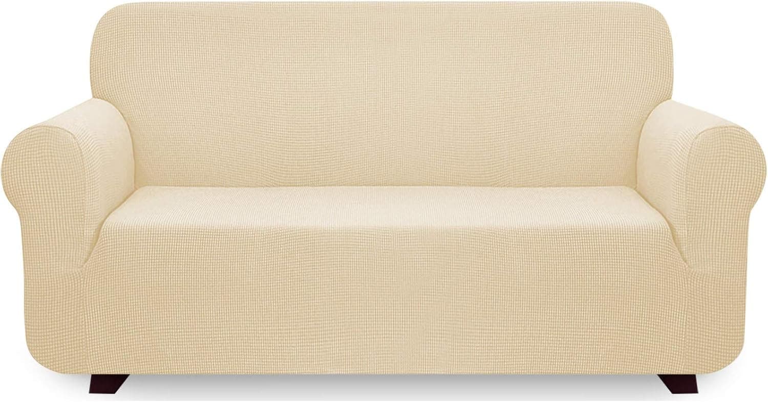 iCOVER Sofa Slipcover, Multiple Size One Piece High Stretch Couch Cover, Machine Washable Spandex Jacquard Fabric, Bottom Elastic Non-Slip Easy to Install, Large Sofa, Ivory