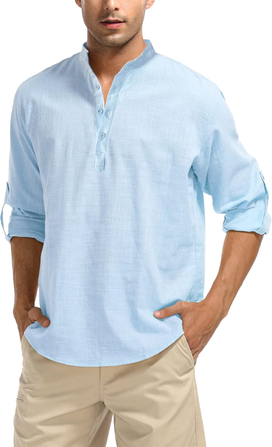LecGee Men's Cotton Linen Henley Shirt Long Sleeve Casual Beach Hippie T-Shirts Lightweight Yoga Tee Tops