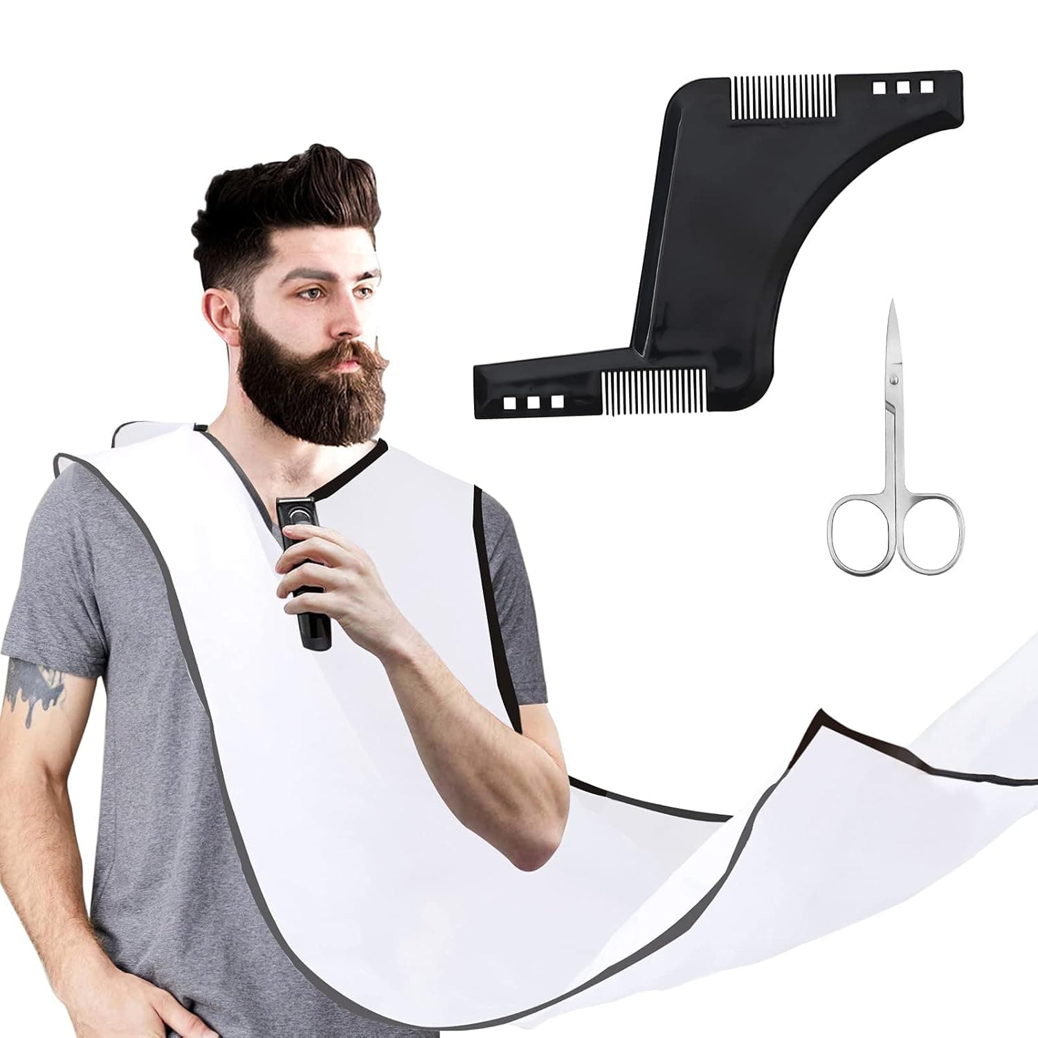 Beard Bib Beard Apron, Waterproof Shaving Apron Beard Beard Hair Catcher Non-Stick Beard Cape Grooming Cloth for Husband Dad Shaving Trimming Grooming with 2 Suction Cups Hair Comb and Scissors