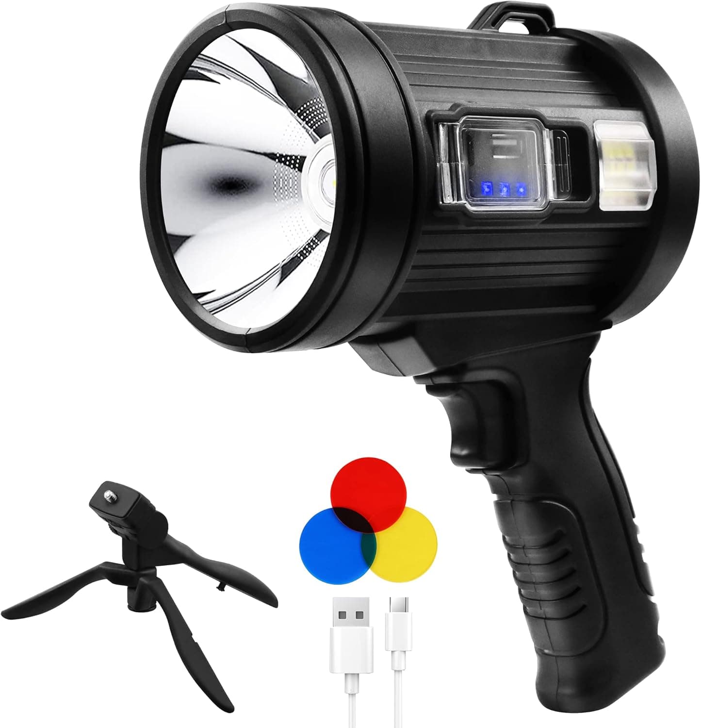 BUTHSKU Rechargeable Spotlight, 90000 Lumens Handheld Spotlight Flashlight with Cob Light and Solar Panels, 4 Color 6 Modes Portable LED Spot Light for Hunting Boating Camping