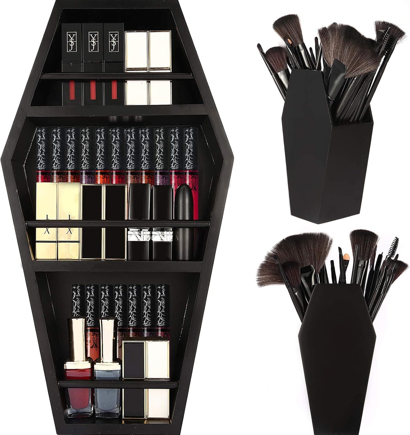 nanayo Makeup Coffin Shelf And Coffin Brush Holder – 3 Shelf Coffin Makeup Holder for Gothic Decor – Free Standing or Wall Hanging Makeup Organizer Spooky Coffin Decor for Bedroom or Bathroom