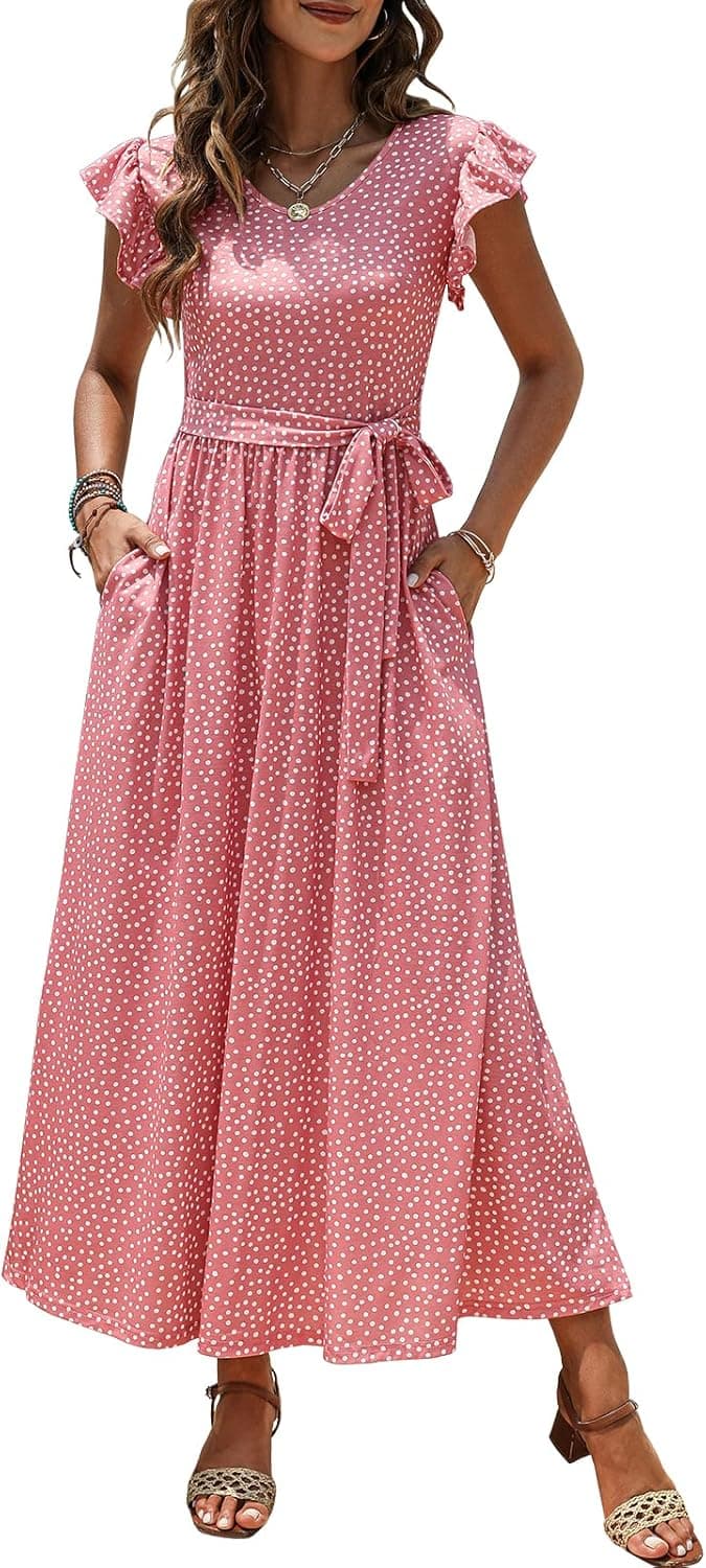 Lyrur Maxi Dress for Women Ruffle Sleeve Belted Aline Beach Long Sundress Boho Summer Casual Floral Dress with Pockets