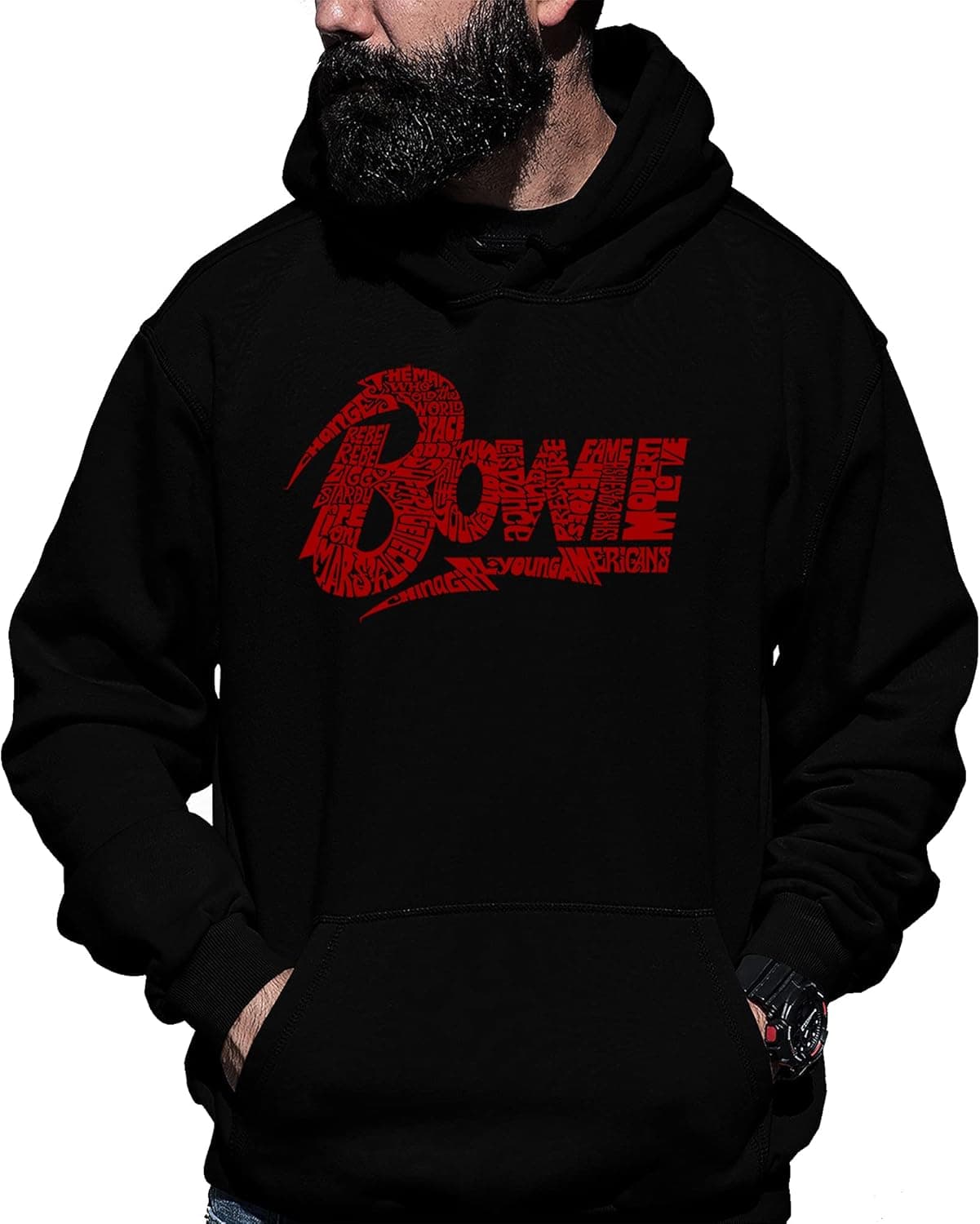 LA POP ART Men's Word Art Hooded Sweatshirt - David Bowie Logo