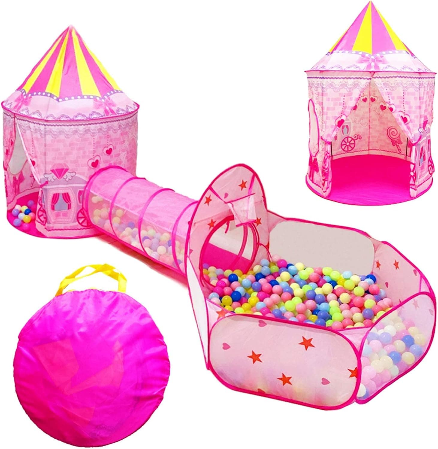 LOJETON 3pc Princess Fairy Tale Kids Play Tent, Oval Crawl Tunnel, Ball Pit for Toddlers, Indoor & Outdoor Playhouse Castle Toys, Baby Boys Girls Gift for 3 4 5 6 7 Years Old, Lightweight