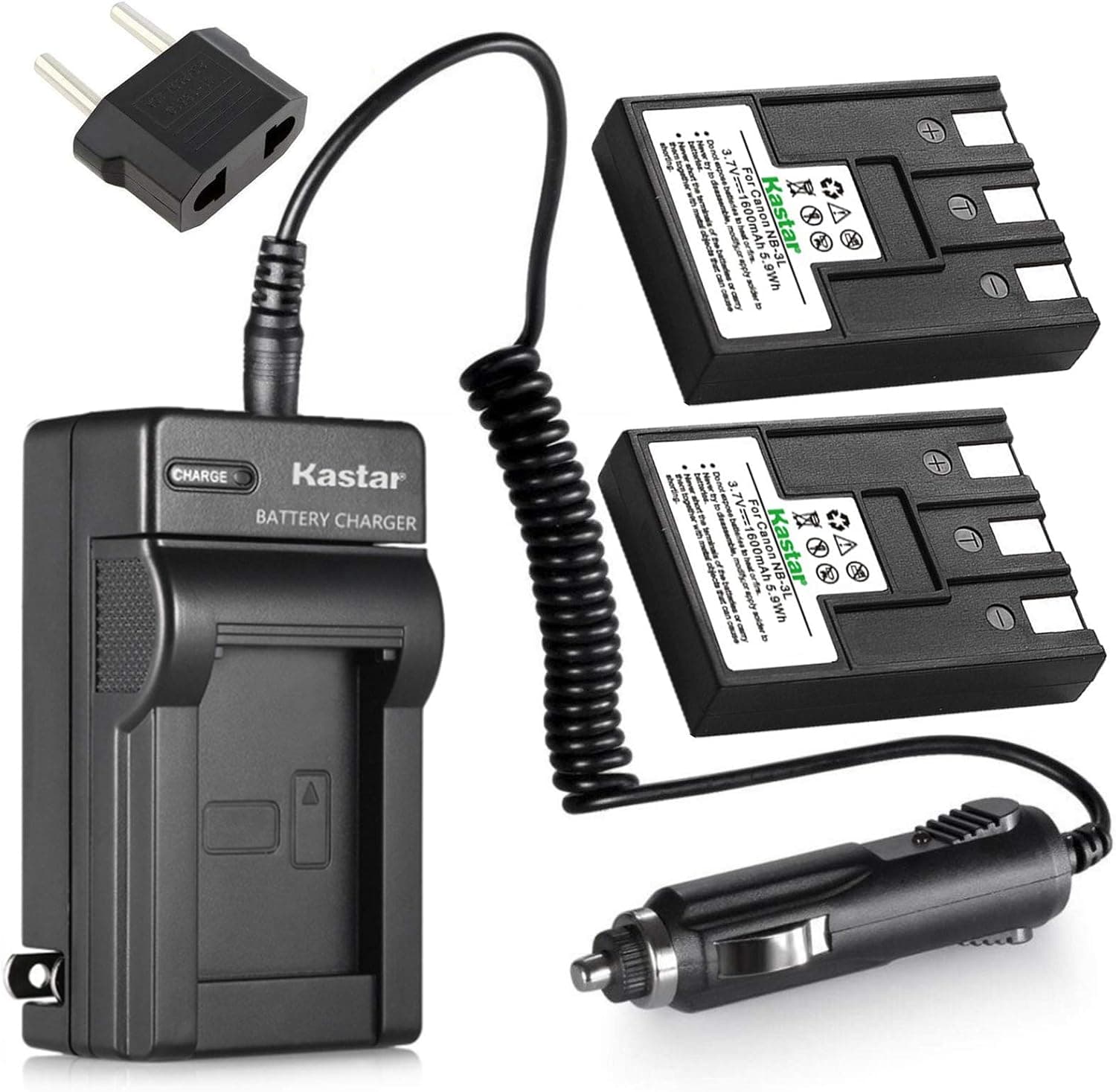 Kastar Battery (2-Pack) + Charger for Canon NB-3L, PowerShot SD10, SD100, SD110, SD20, SD500, SD550, Digital IXUS 700, 750, i5, Digital 30, 30a, 600, 700, D30, D30a, D53Z, IXY Digital L, Digital L2