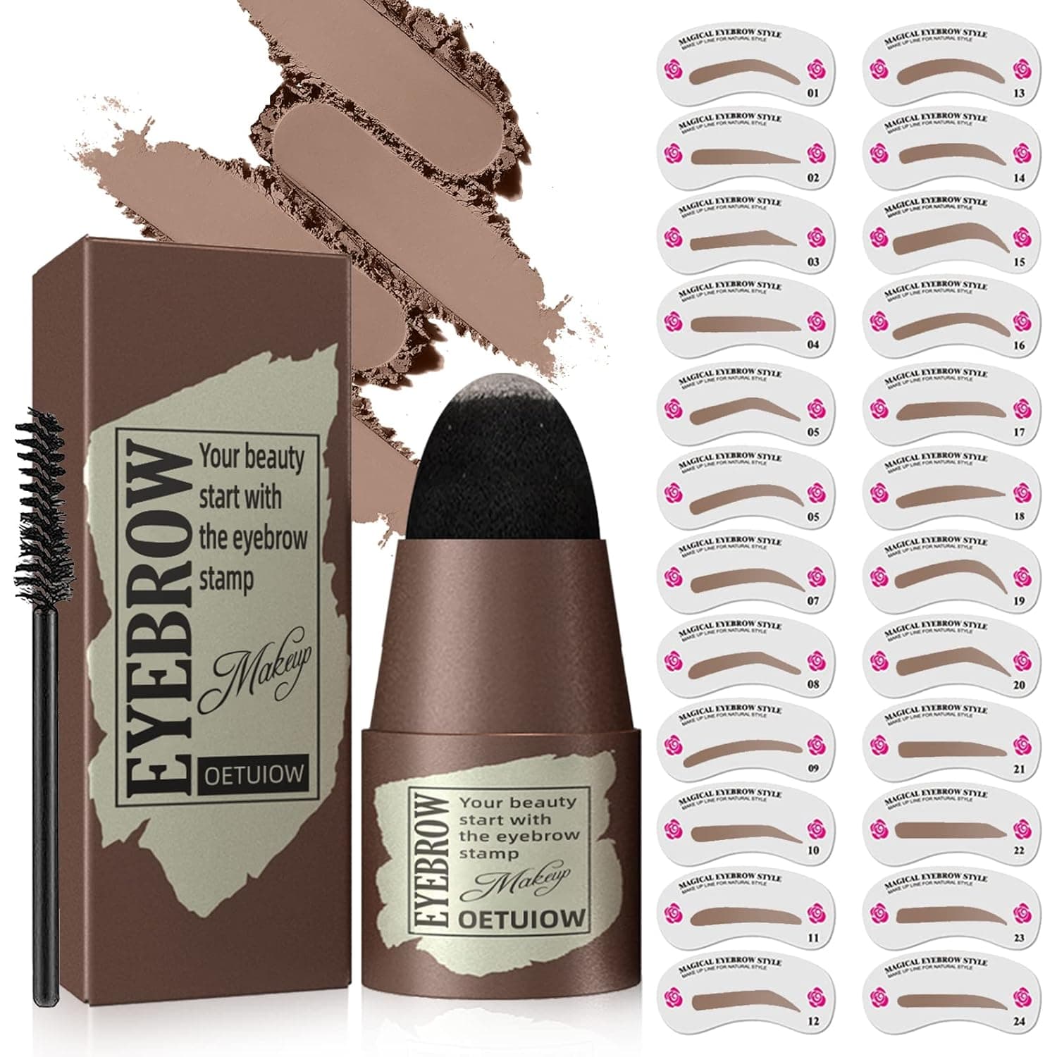 Eyebrow Stamp Stencil Kit - 1 Step Eye Brow Makeup Brow Stamp Shaping Kit with 24 Reusable Eyebrow Stencils, Long-Lasting Waterproof Trio Kit for Perfect Natural Brow (Medium Brown)