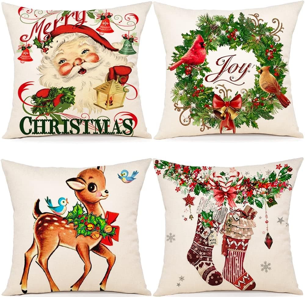 Christmas Pillow Covers 20×20 Inch Set of 4 Farmhouse Christmas Decor Black and Red Buffalo Plaid Pillowcase Holiday Rustic Linen Cushion Case for Sofa Couch Christmas Decorations Throw Pillow Covers