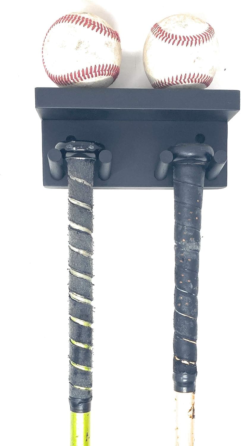 MWCSPORTS Baseball Bat Rack Holds 3 Bats and 2 Baseballs/Softballs Wood Shelf Rack Metals Awards Trophy F-2 B-2