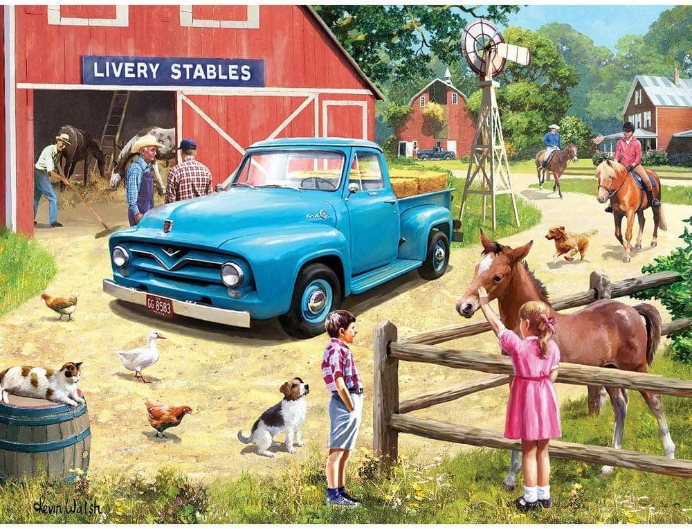 Bits and Pieces - 500 Piece Jigsaw Puzzle for Adults 18" x 24" - A Stop at The Stables - 500 pc Spring Farm Horse Ranch Animal Stables Jigsaw by Artist Kevin Walsh