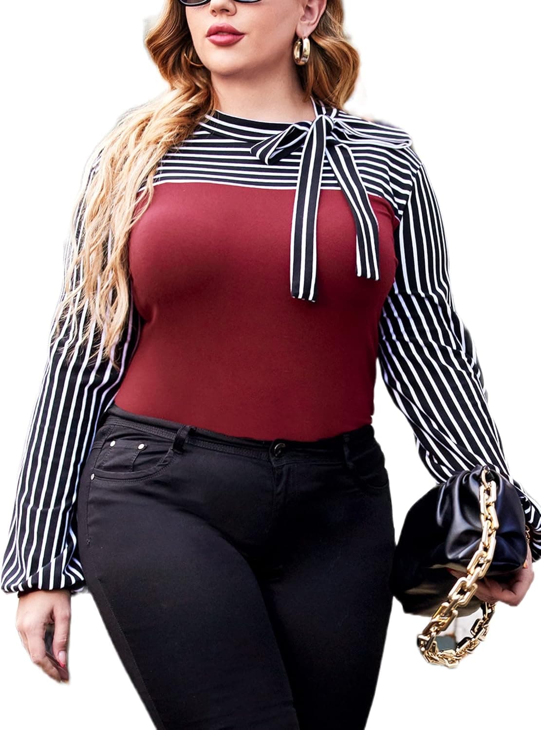 Plus Size Blouses for Women Tie-Bow Neck Striped Blouse Long Sleeve Shirt Splicing Office Work Shirts Tops