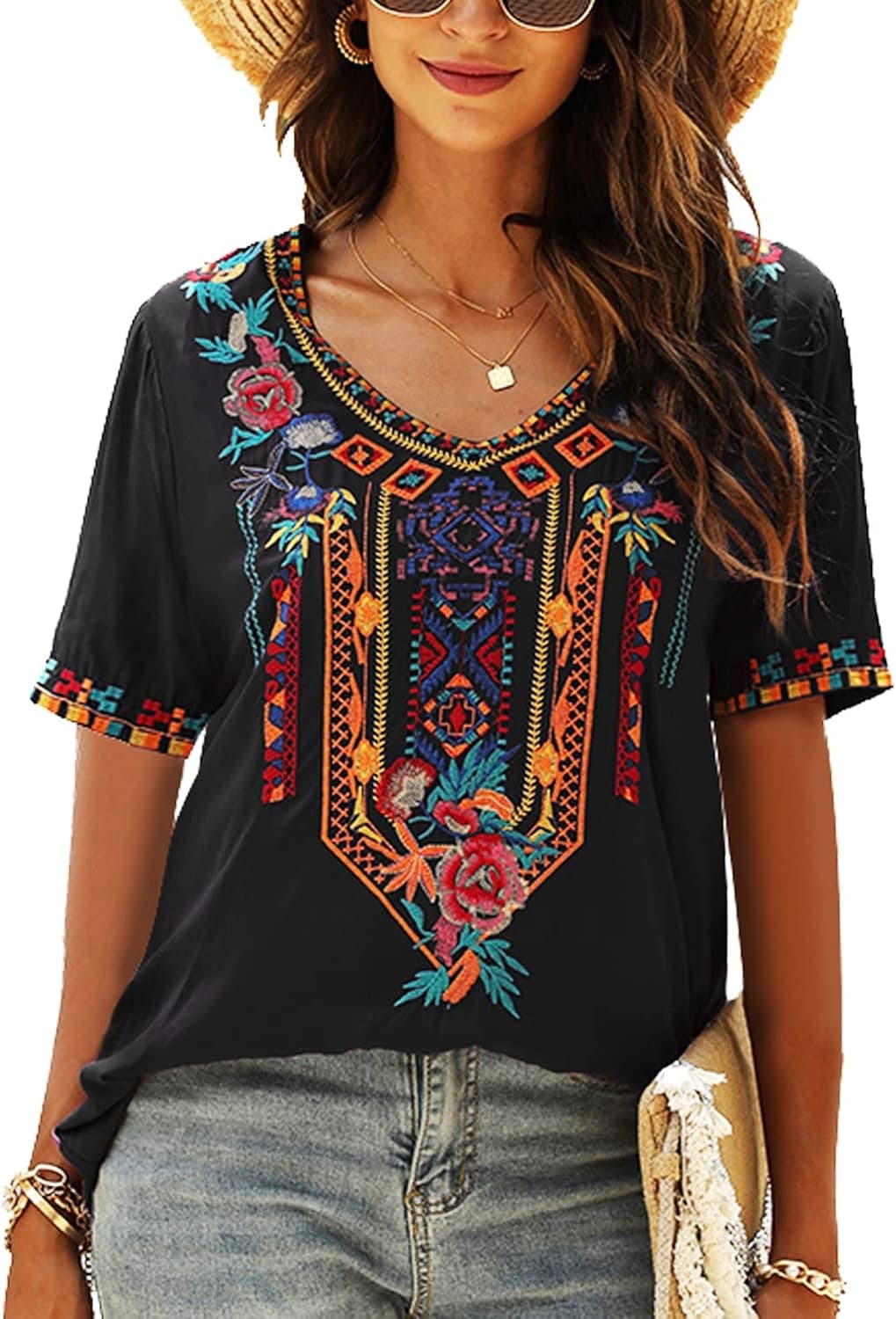 AK Women's V Neck Casual Summer Blouse, Boho Embroidered Mexican Peasant Tops Short Sleeve Shirts Casual Blouse Loose Tunics