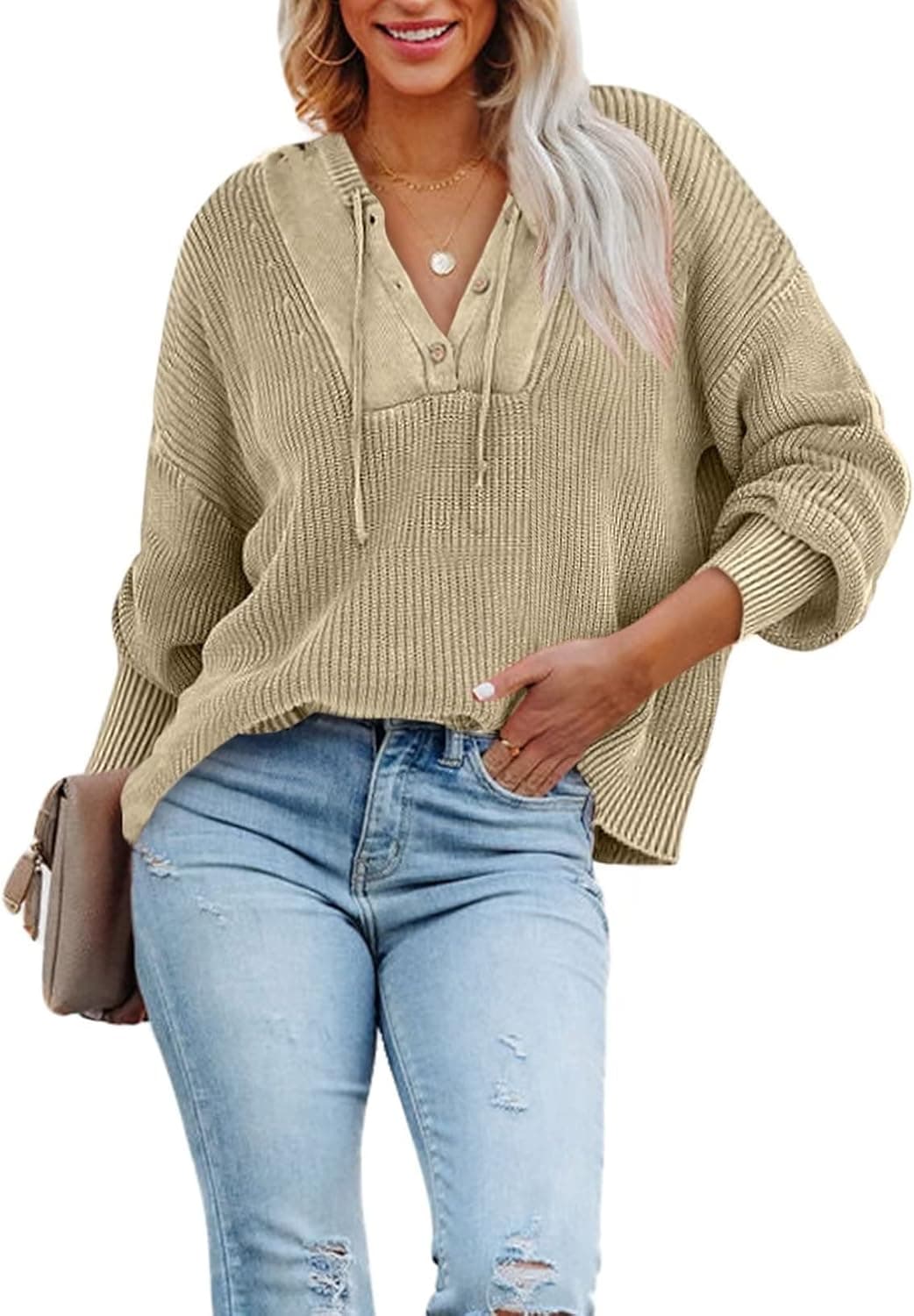 BEZEKC Oversized Sweaters for Women Long Sleeve Henley Hoodies Lightweight Chunky Knitted Sweatshirt Loose Hooded Pullover Sweaters Jumper Fall Tops Green XXL